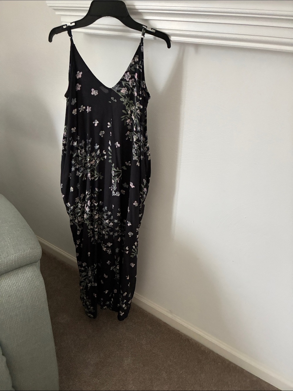 Black Floral Midi Slip Dress with Adjustable Straps